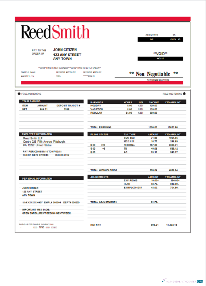 Download USA Reed Smith LLP law company pay stub Photoshop template